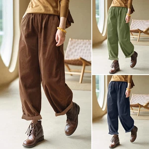 ZANZEA Womens Elastic Waist Corduroy Harem Trousers Casual Loose Wide Leg Pants