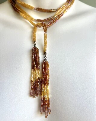"Collar Lariat Boho de 54"" amarillo/dorado y marrón/naranja con flecos envoltura" Foto 1 de 4