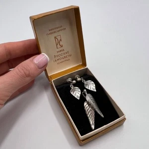 1980s Vintage USSR Jewelry Set Leaves Silver 875 / 916 Stud Earrings Pendant Box - Picture 1 of 8