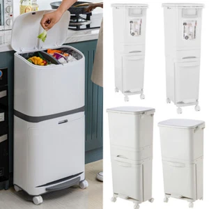 38/42/48L Mobile Rubbish Bin Recycle Pedal Double Waste Trash Can Kitchen Bin - Picture 1 of 32