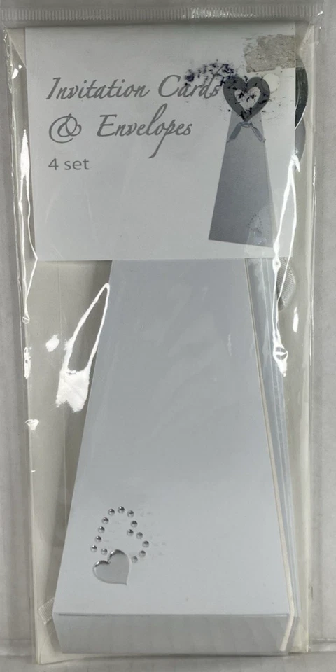 Invitation Cards & Envelopes Set of 4 White w/Silver Heart - Image 1 of 4