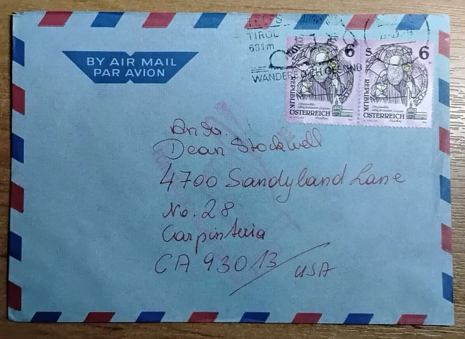 Austria returned mail to Hollywood actor Dean Stockwell TELFS Tirol postmark Foto 1 de 1