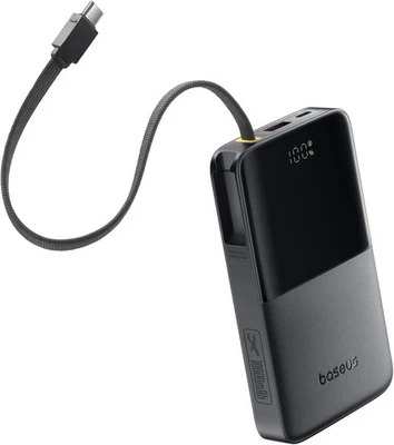 Banco de alimentación Baseus 10000 mAh 22,5 W carga rápida cable USB-C incorporado negro nuevo Foto 1 de 4