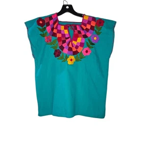 Embroidered Floral Mexican Peasant Blouse Colorful Boho Top M Artsy Homemade - Picture 1 of 7