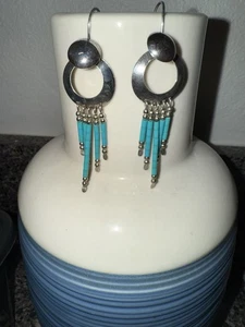 Pendientes de gancho colgantes de plata esterlina nativa americana con pluma turquesa de colección 8,0 g - Imagen 1 de 6