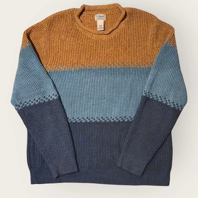 LL Bean Sweater Men's XL Waffle Organic Cotton Roll Neck Colorblock Fisherman - Image 1 of 3