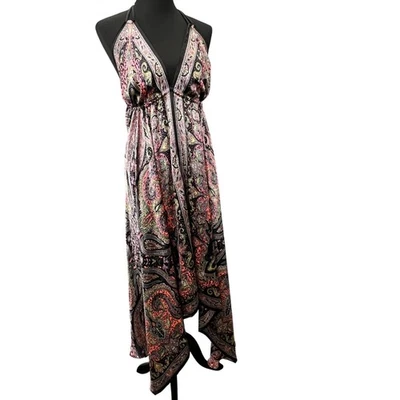 Flower Maxi Halter Dress Satin Paisley Black Pink Flowy Asymmetrical One Size - Image 1 of 4