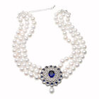 3 Strands 7-8Mm Natual White Pearl Bead Blue Gem Pendant Necklace For Women 24''