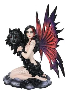 Large Gothic Fairy Goddess Artemis Holding Black Wolf Home Decor Figurine 13"H - Picture 1 of 8