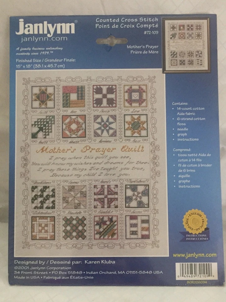 Mother's Prayer Quilt Cross Stitch Kit Janlynn 15x18