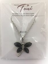 Toni Genuine Black Agate Butterfly Necklace Pendant Silver Chain 6 X 12 Mm