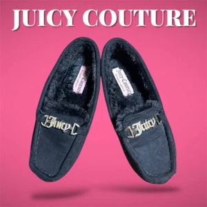 Juicy Couture Womens Shoes Soft Moccasin Slippers 6 Black Logo Crystals Flat - Picture 1 of 12