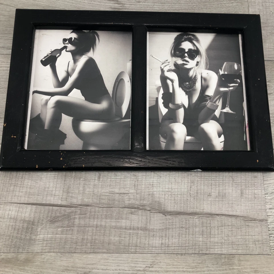 "Marco de fotos doble negro madera envejecida baño impresión decoración de pared 18"" X 12""" Foto 1 de 4