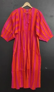 Pink Striped Print Midi Dress, Oversize Dress Deep Neck with string closer - Picture 1 of 10