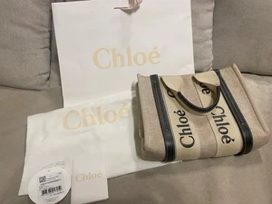 Auth Chloe Woody Small Tote Bag Beige White 10.4"x7.9"x3.1" No Strap - Picture 1 of 8