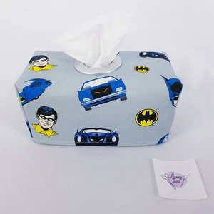 Tissue Box Cover Handmade Grey with Blue Batman Print Silver Circle Opening  - Picture 1 of 9