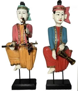 Vintage burmesische hölzerne Musikerfiguren Erhu und Trommel - ein Paar - Bild 1 von 12