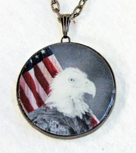 Original Art Pendant Necklace Bald Eagle USA Flag Portrait Handmade Artisan 24" - Picture 1 of 4