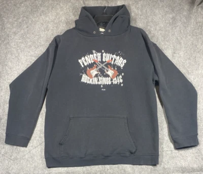 Vintage Fender Hoodie Mens Large? Black Graphic Logo Electric Guitars Rock - Image 1 of 4