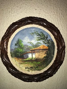 Paisaje latinoamericano pintado y firmado a mano caoba tallada a mano VIDA SIMPLE - Imagen 1 de 5