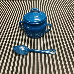 Vintage Cinsa Blue Enamelware Sugar Bowl & Very Rare Spoon Shabby Chic - Picture 1 of 12