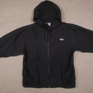 Giacca a vento vintage Mossimo uomo piccola nera oversize Y2K skate cappuccio pioggia zip - Foto 1 di 18