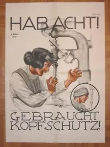 Plakat Arbeitssicherheit Reichsarbeitsverwalt. 1925 HAB ACHT GEBRAUCH KOPFSCHUTZ - Bild 1 von 4
