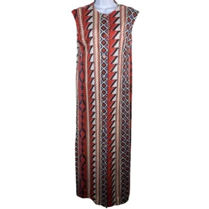 VTG LeVoy's 70s? Small Sleeveless Dressing Robe Gown Red Blue Geo Coverup Nylon - Picture 1 of 7