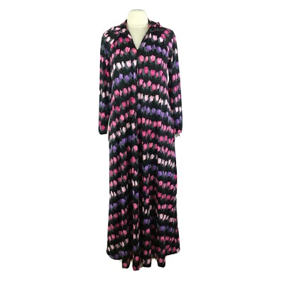 Vintage Long Robe Dressing Hostess Gown Tulips Floral All Over Mod 60s M/L Zip - Image 1 of 4