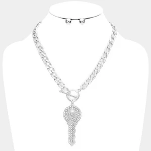 Silver Crystal Key Pendant Toggle Necklace Chain - Picture 1 of 2