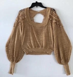 Suéter Top Free People Beige Crochet Manga Larga Mezcla Algodón Pequeño Reg $168 - Imagen 1 de 2