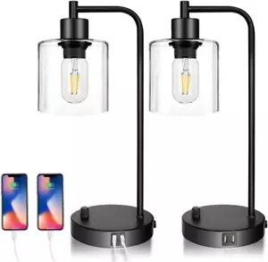 Set of 2 Industrial Table Lamp with 2 USB Port, Fully Stepless Dimmable Bedside - Picture 1 of 8
