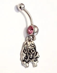 Belly Ring Skull w/Pink Gem Dangle Naval Steel - Picture 1 of 3