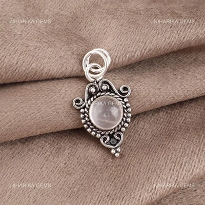 Rotondo Quarzo Rosa Pietra 925 Argento Sterling Mamma Nero Friday Ciondolo Gioie - Immagine 1 di 4