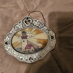 Vintage Stained Glass Mosaic Oval Metal Rim Lighthouse Hanging Art - Picture 1 of 2