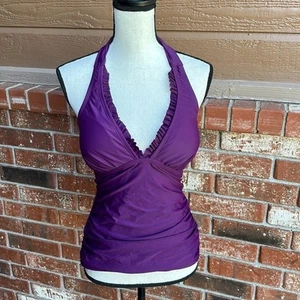 Camiseta de natación Tankini halter con control de barriga púrpura para mujer talla pequeña - Imagen 1 de 6