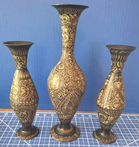 Vintage Set Of 3 Black Enameled Intricate Etched Thin Brass Vases Made In India - Picture 1 of 10