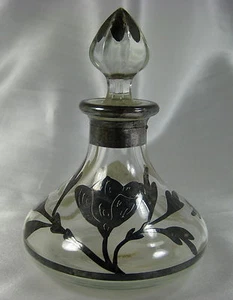 ANTIKER ELEGANTER PARFÜMFLAKON STERLINGSILBER INTARSIEN GLAS MIT STOPFEN - Bild 1 von 6