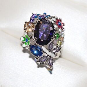 Fashion Silver Elegant Butterfly Flower Enamel Crystal Rings Jewelry Size 7 