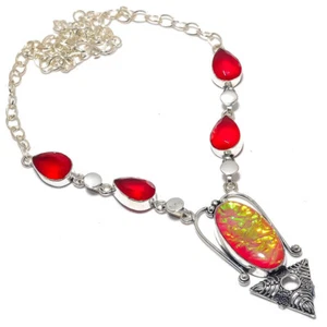 Triplet Opal Red Onyx Gemstone Silver Plated Chain Necklace 18" - Picture 1 of 1