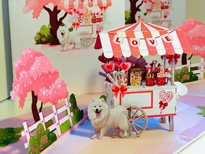 Origami Pop Cards Samoyed Dog with LOVE Lollipop Cart 3D Pop Up Happy Birthday - Bild 1 von 17