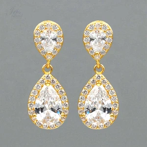 Women Gold Plated Cubic Zirconia CZ Wedding Bridal Teardrop Dangle Earrings 6296 - Picture 1 of 4