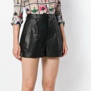 Alice + Olivia Conry Lamb Leather Cuffed Pleated Shorts High Rise Black - Picture 1 of 15