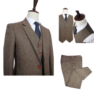 Men Suit Brown Tweed Vintage Tan Check Prom Groom Tuxedo Wedding 3 Piece Custom - Picture 1 of 13