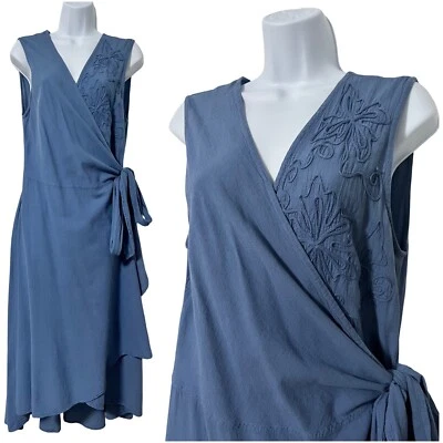 Soft Surroundings Floral Applique Midi Wrap Dress Size LP Blue Boho Lagenlook - Image 1 of 4