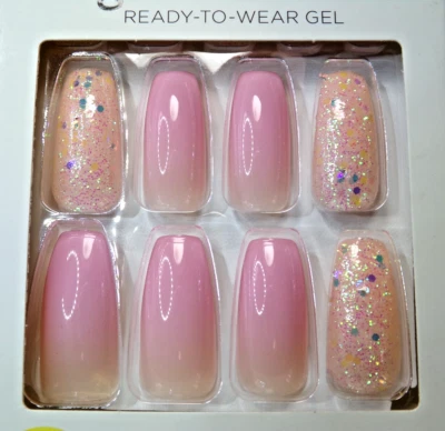 KISS gel Fantasy NAILS GLUE ON Shiny Pink LONG LENGTH, COFFIN SHAPE - Image 1 of 2