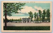 Postcard GA Griffin Georgia Brown's Tourist Camp Cabins Gas Station c1940s D26