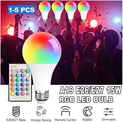 1to5Pack 15W RGB LED Light Bulb E26 Color Changing Dimmable Lamp Remote Control - Image 1 of 4