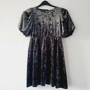 Girls H&M Charcoal Grey Velvet Party Dress With Puffy Sleeves Age 9 8-10 Years - Picture 1 of 10