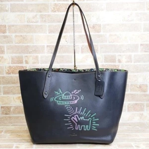Coach Keith Haring Leather Tote Bag A4OK Black Keith Haring Dog - Picture 1 of 9